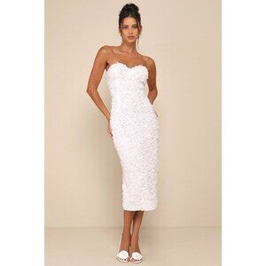 Lulus Gorgeous Mentality White 3d Floral Strapless Midi Dress - Size XS
